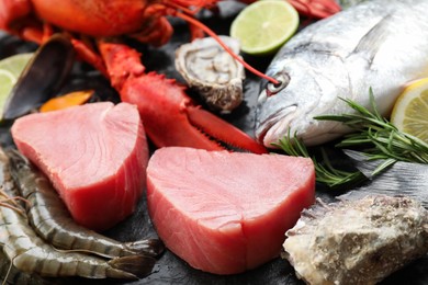 Photo of Fresh fish, lobster and other sea food on table, closeup