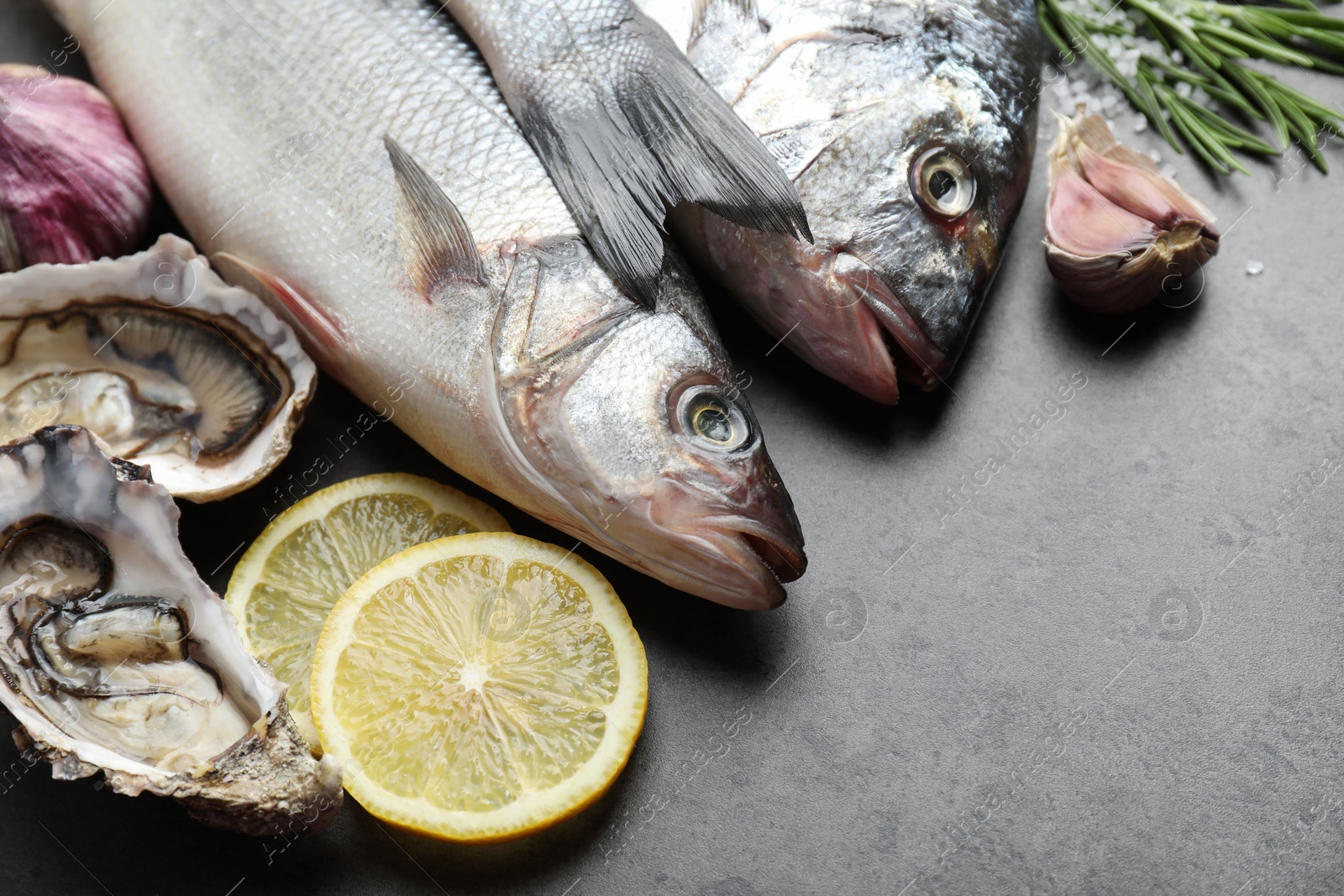 Photo of Fishes and oysters with spices on grey table, top view. Sea food