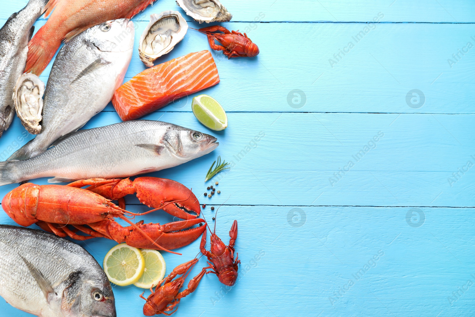 Photo of Different sea food on light blue wooden table, flat lay. Space for text