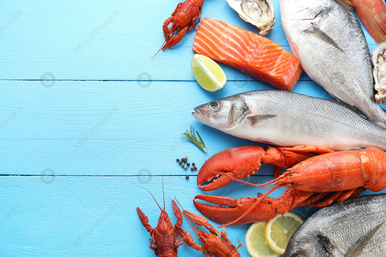 Photo of Different sea food on light blue wooden table, flat lay. Space for text