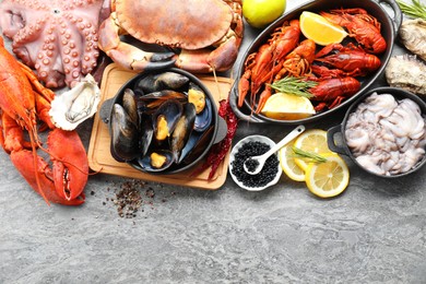 Many different sea food on grey table, top view