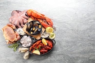 Many different sea food on grey table, top view. Space for text