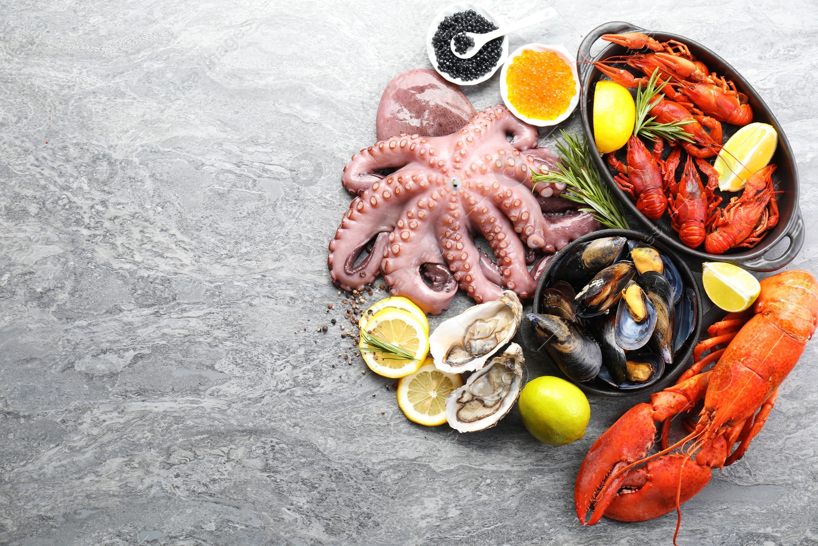 Photo of Many different sea food on grey table, top view. Space for text