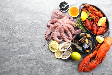 Photo of Many different sea food on grey table, top view. Space for text