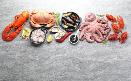 Photo of Many different sea food on grey table, top view