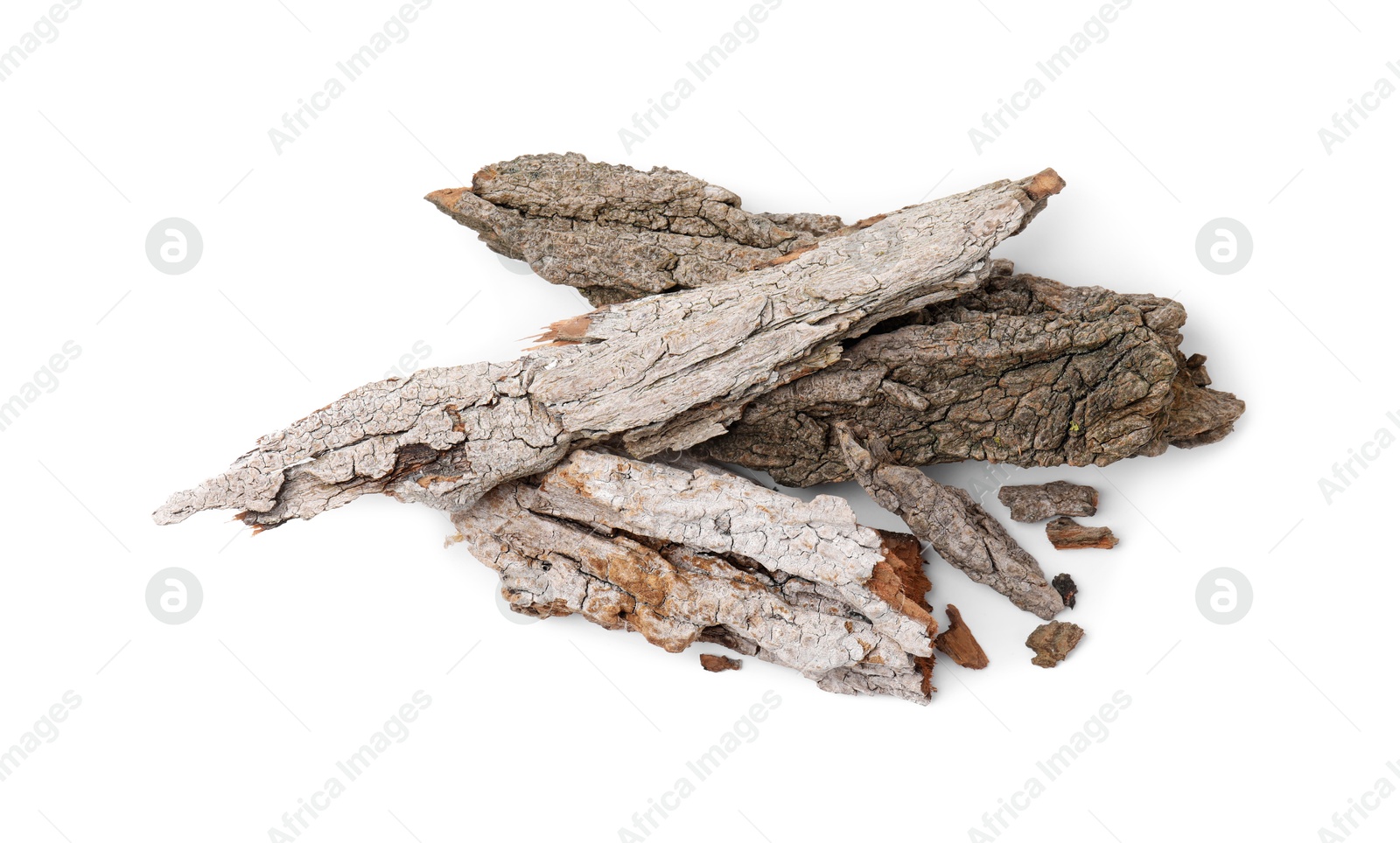 Photo of Heap of tree bark pieces isolated on white, top view