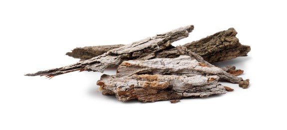 Photo of Heap of tree bark pieces isolated on white