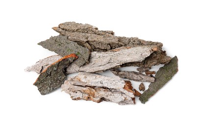 Photo of Heap of tree bark pieces isolated on white, top view