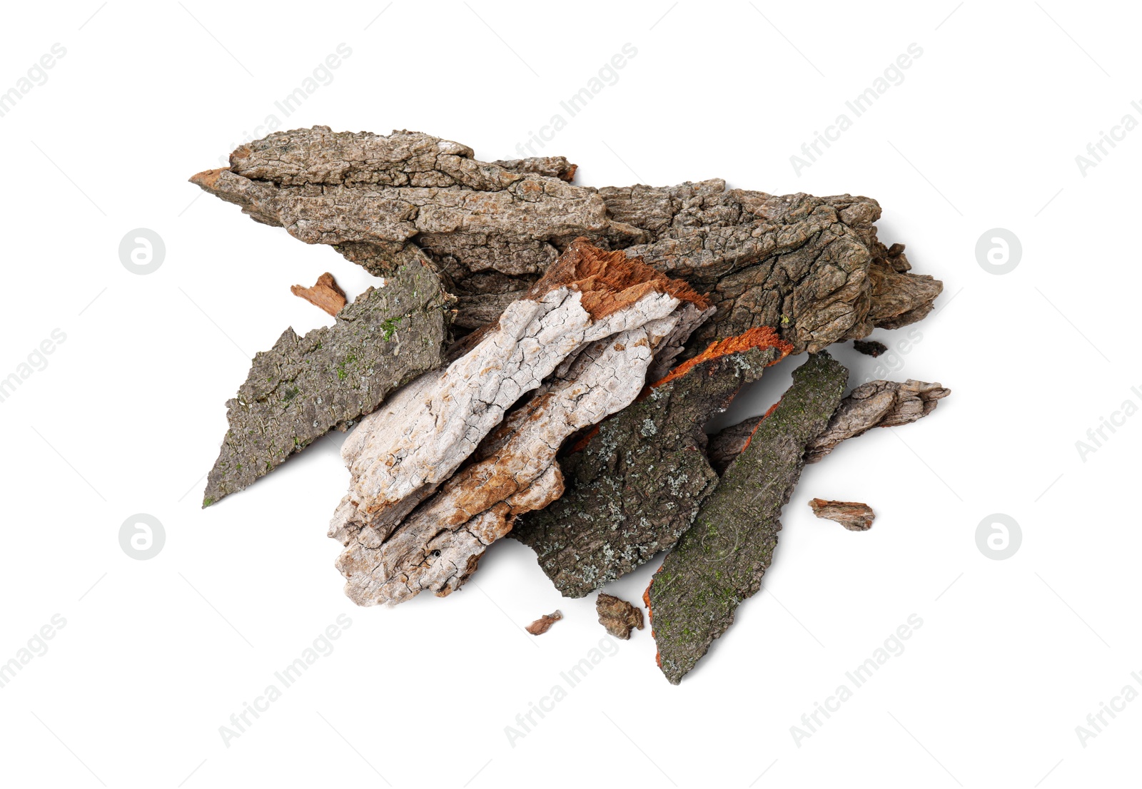 Photo of Heap of tree bark pieces isolated on white, top view