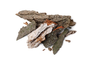 Photo of Heap of tree bark pieces isolated on white, top view