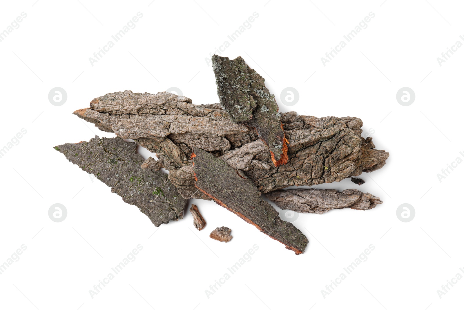 Photo of Heap of tree bark pieces isolated on white, top view