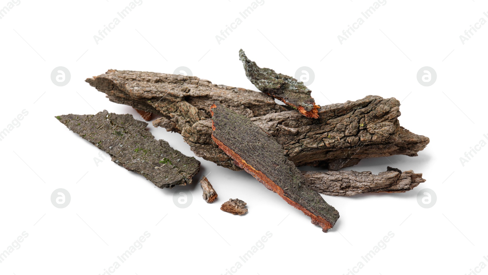 Heap of tree bark pieces isolated on white Photo of Heap of tree bark pieces isolated on white
