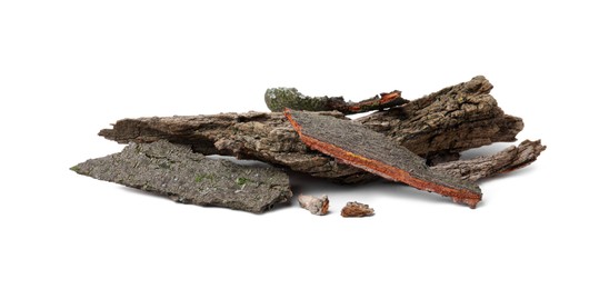 Photo of Heap of tree bark pieces isolated on white