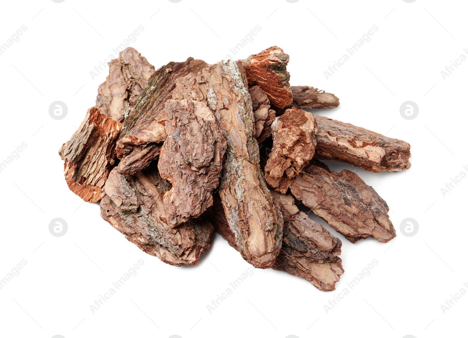 Photo of Pieces of tree bark on white background