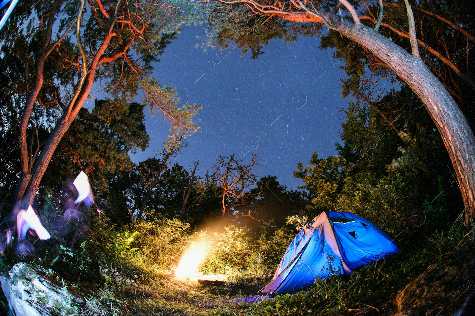 Photo of Modern camping tent and bonfire in forest at night. Fisheye lens effect