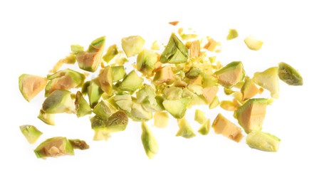 Photo of Pieces of peeled pistachio nut isolated on white