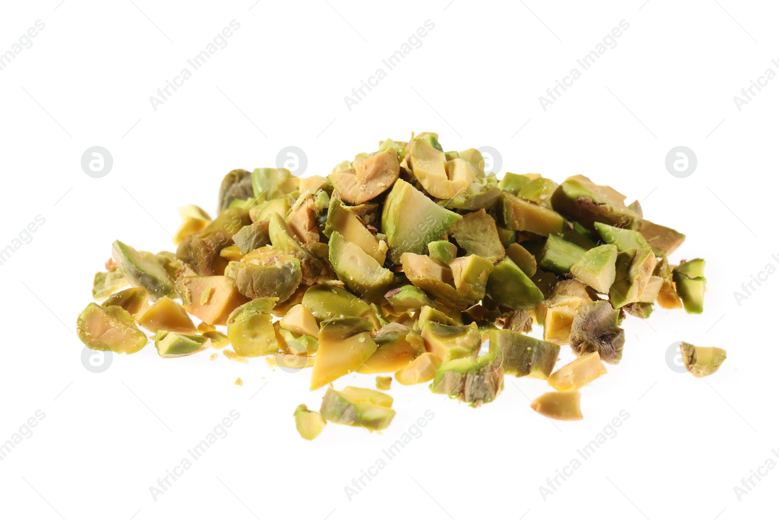 Photo of Pieces of peeled pistachio nut isolated on white