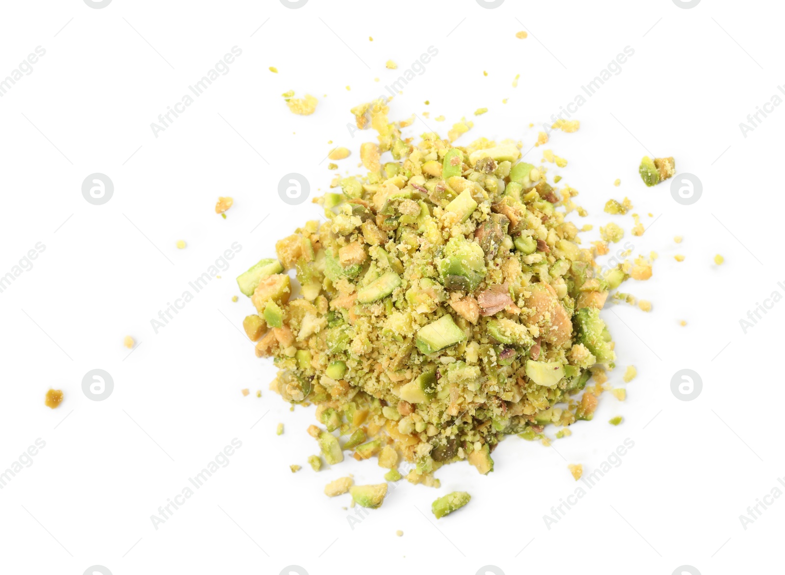 Photo of Pieces of peeled pistachio nut isolated on white, top view