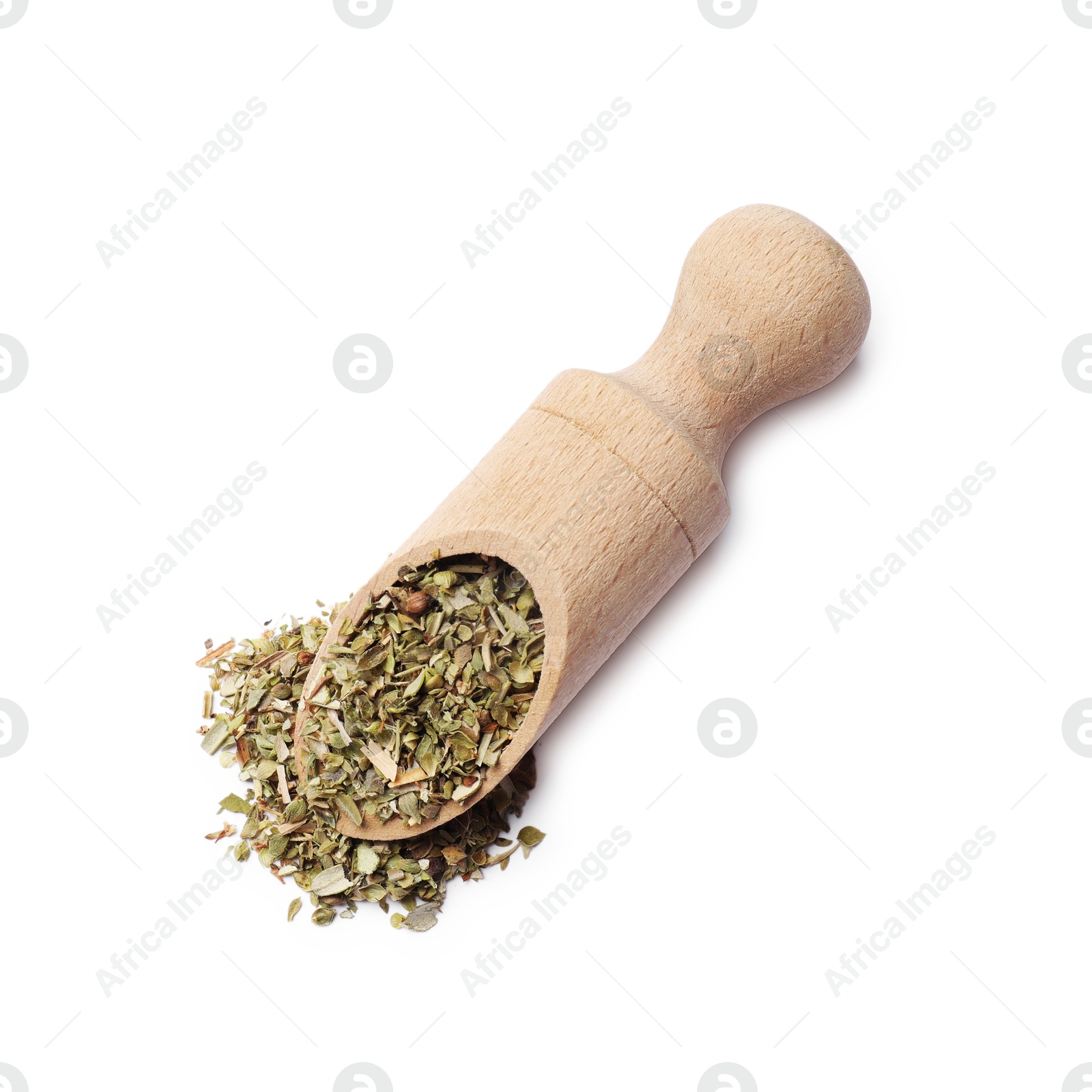 Photo of Dried oregano in wooden scoop isolated on white, top view