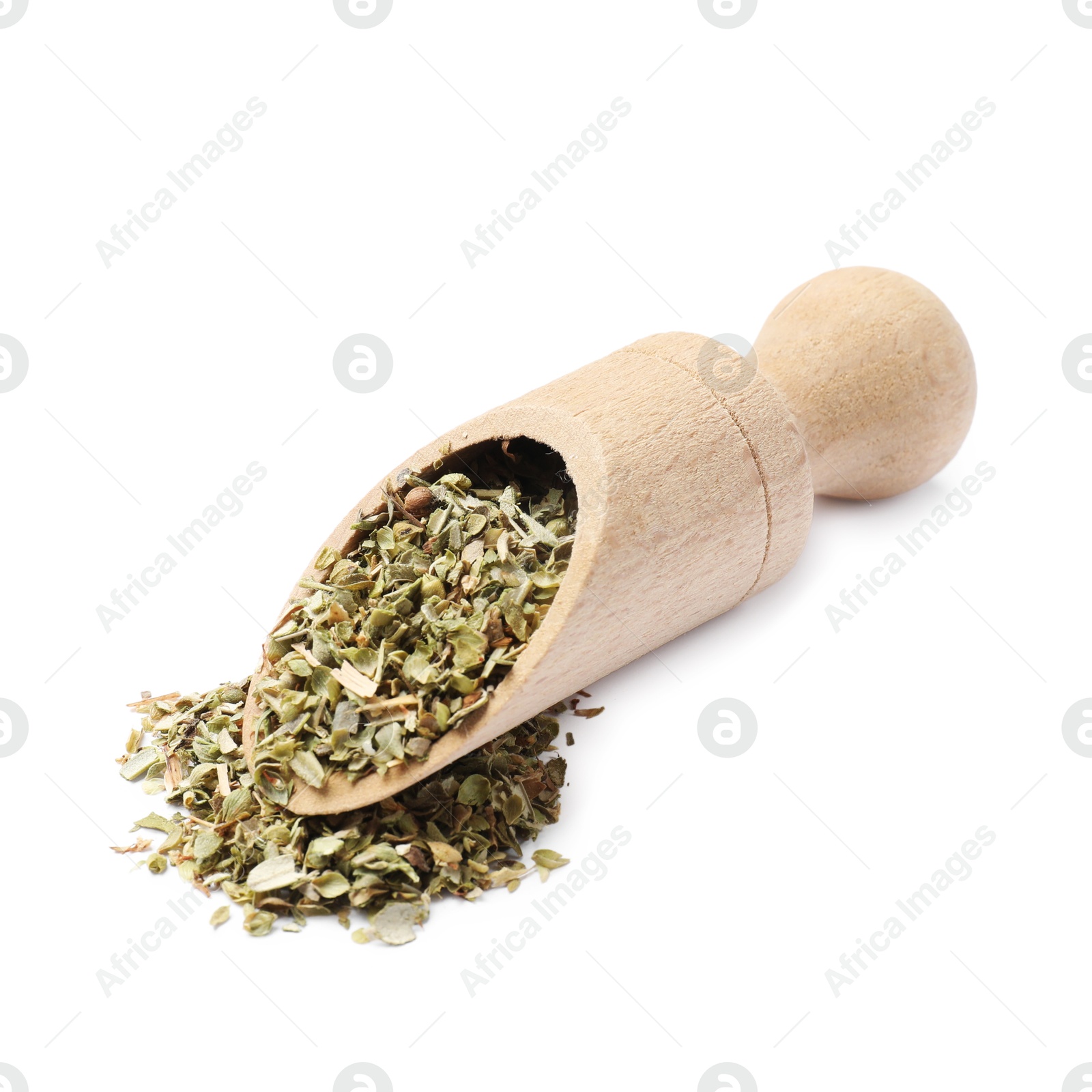 Photo of Dried oregano in wooden scoop isolated on white