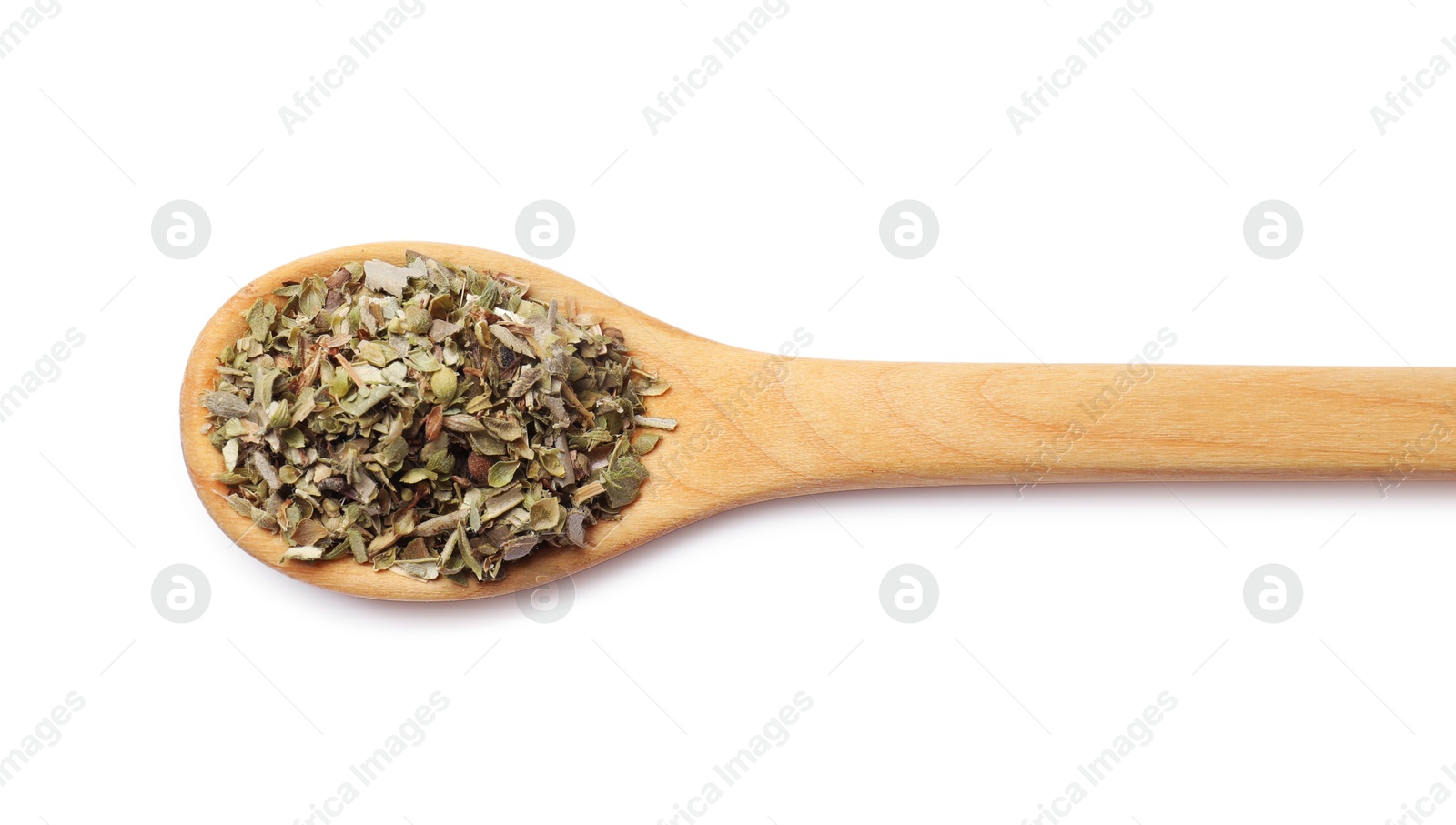 Photo of Dried oregano in wooden spoon isolated on white, top view