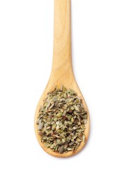 Photo of Dried oregano in wooden spoon isolated on white, top view