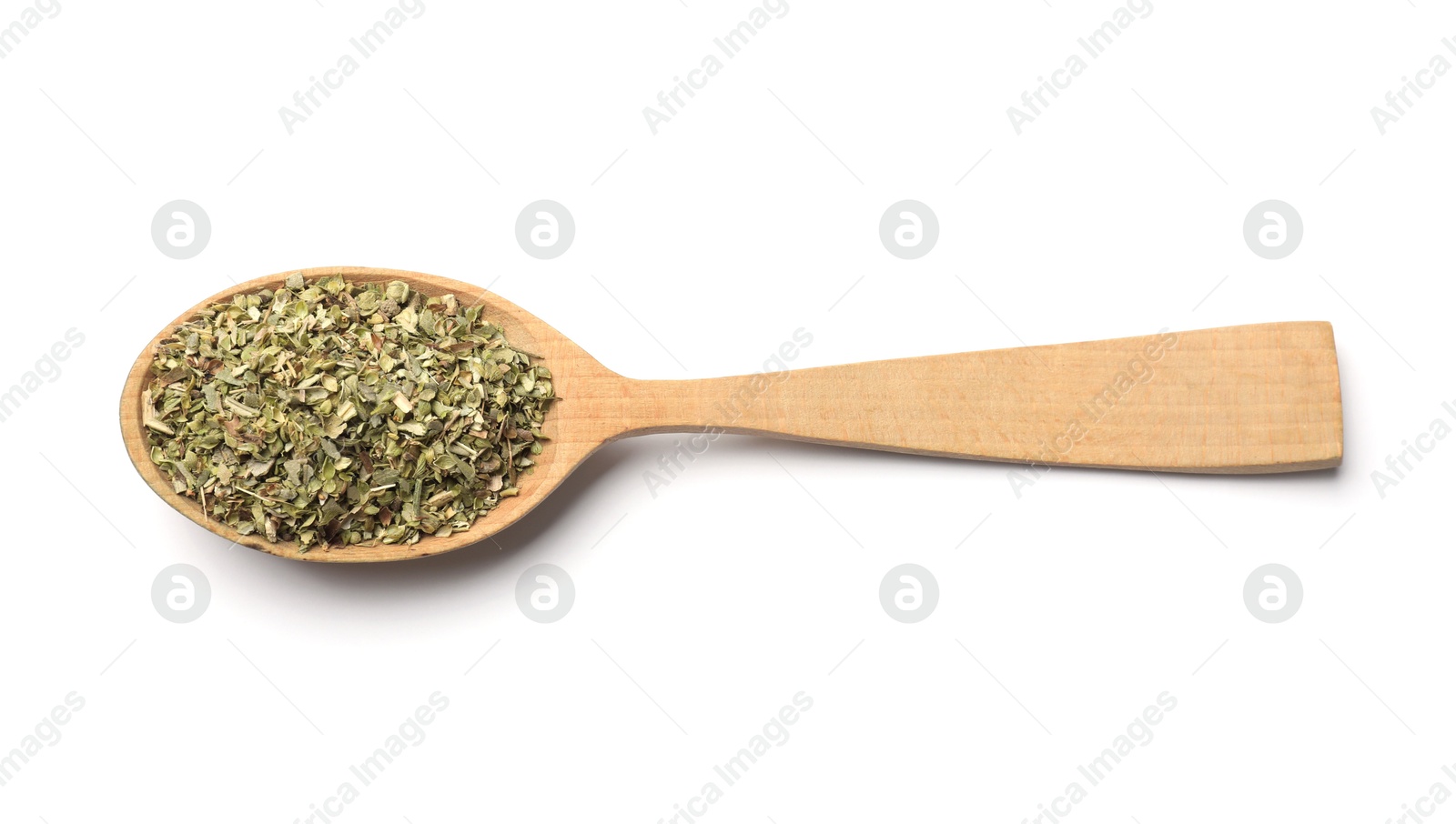 Photo of Dried oregano in wooden spoon isolated on white, top view