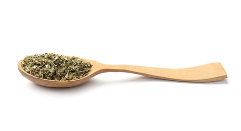 Photo of Dried oregano in wooden spoon isolated on white