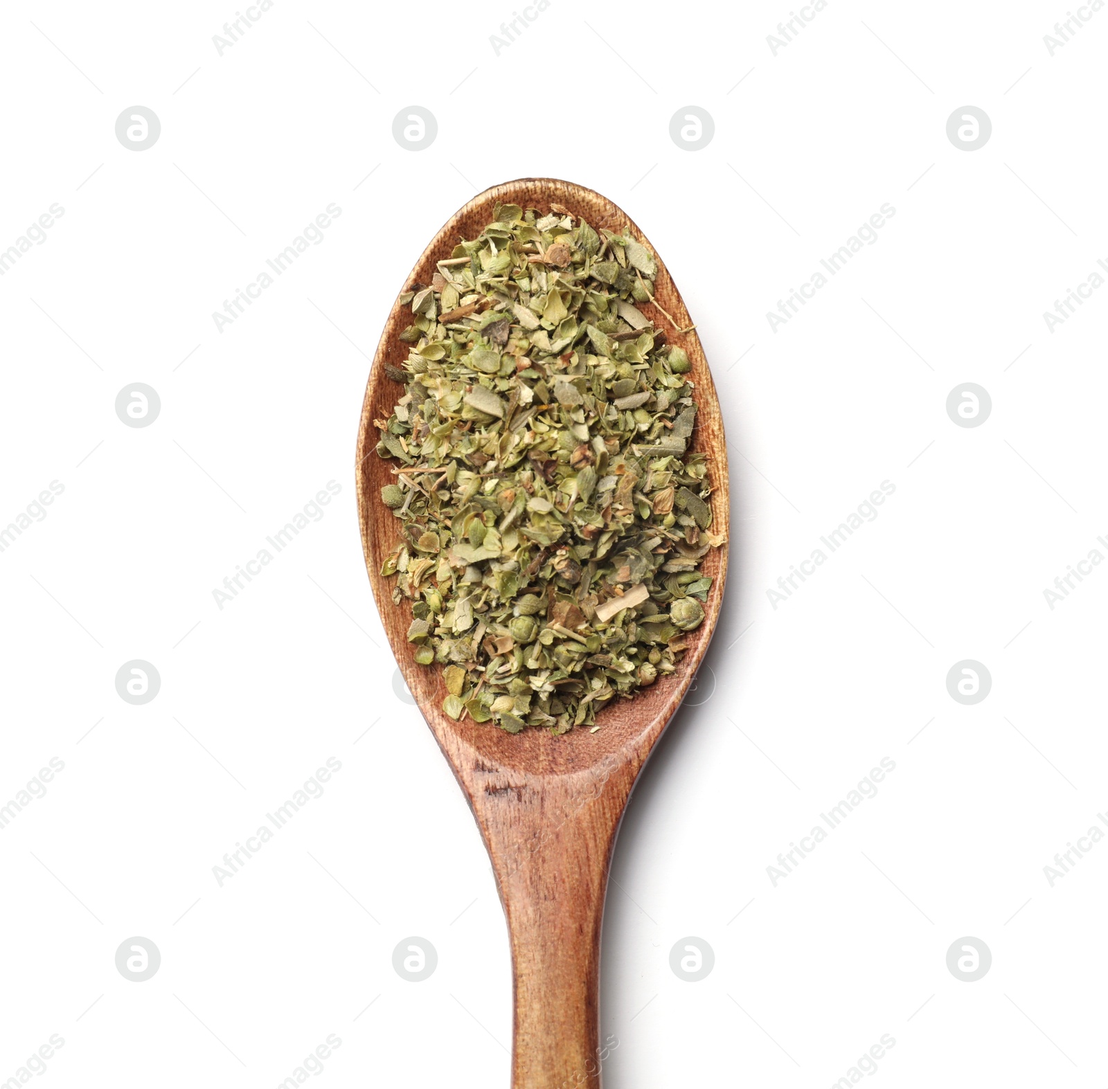 Photo of Dried oregano in wooden spoon isolated on white, top view