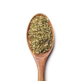 Photo of Dried oregano in wooden spoon isolated on white, top view