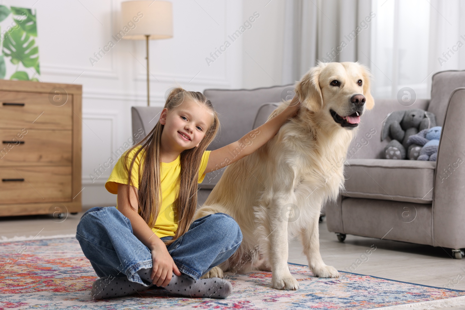 Photo of Girl with her cute Golden Retriever dog on rug at home