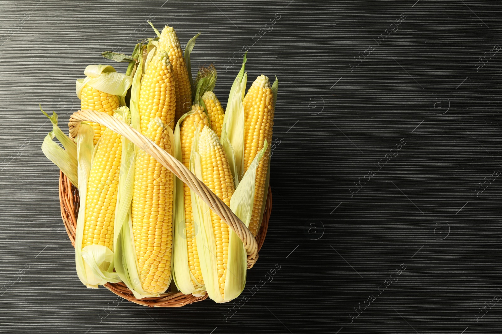 Photo of Many fresh ripe corncobs with green husks on wooden table, top view. Space for text