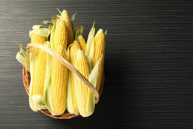 Many fresh ripe corncobs with green husks on wooden table, top view. Space for text