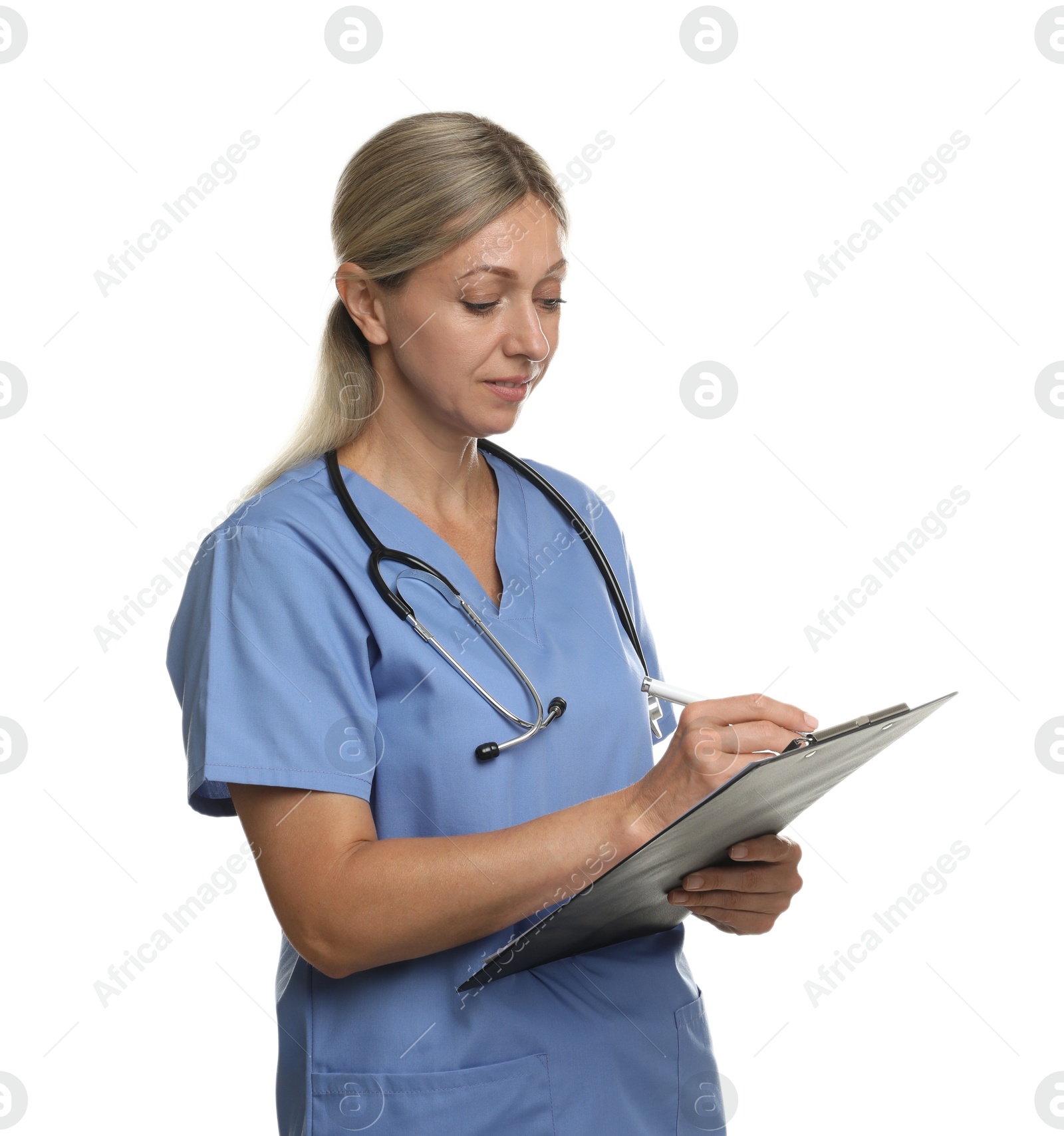 Photo of Doctor in medical uniform with clipboard and stethoscope isolated on white