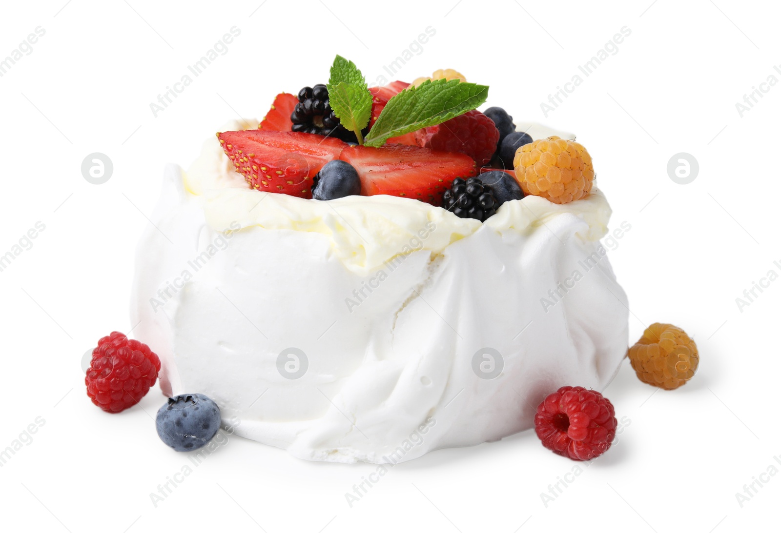 Photo of Pavlova cake (meringue dessert) with whipped cream, fresh berries and mint isolated on white