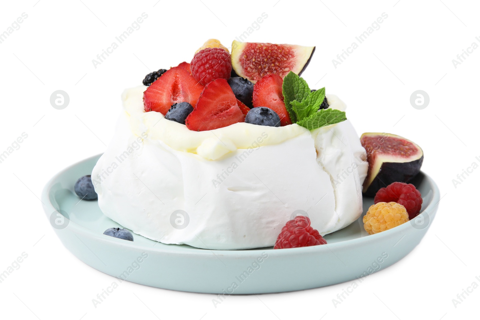 Photo of Pavlova cake (meringue dessert) with whipped cream, fresh berries, mint and fig isolated on white