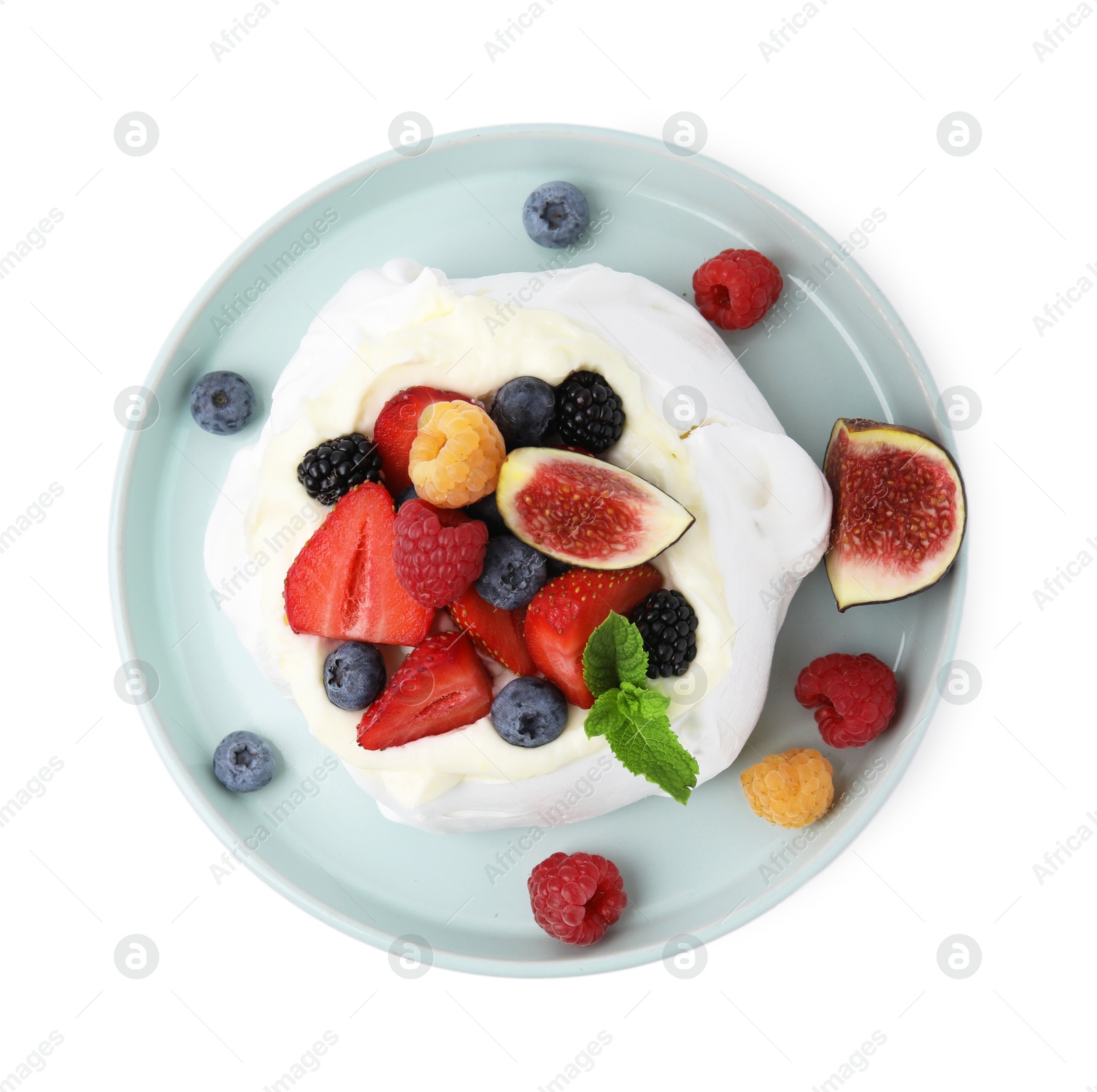 Photo of Pavlova cake (meringue dessert) with whipped cream, fresh berries, mint and fig isolated on white, top view