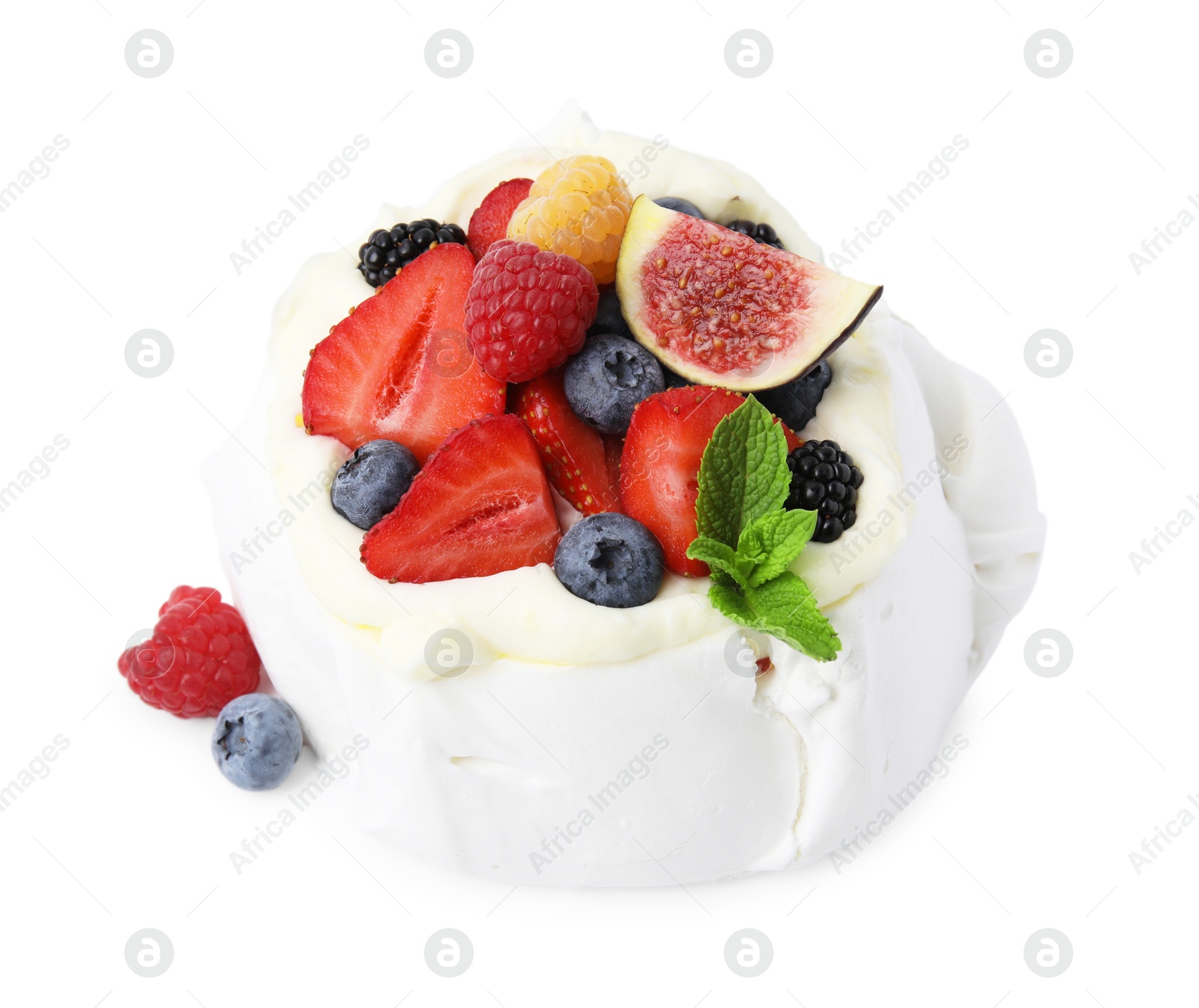 Photo of Pavlova cake (meringue dessert) with whipped cream, fresh berries, mint and fig isolated on white