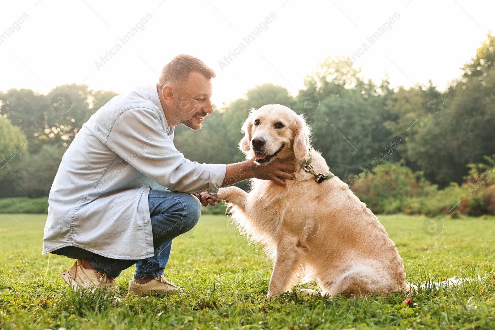 Photo of Smiling man with cute Golden Retriever dog on spring day