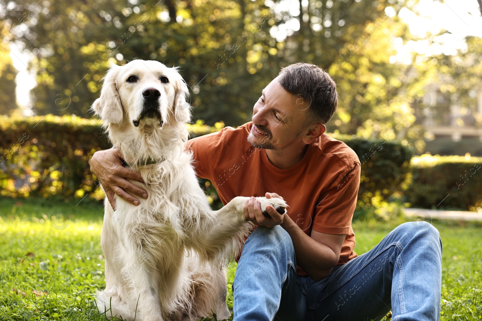 Photo of Smiling man with cute Golden Retriever dog on spring day