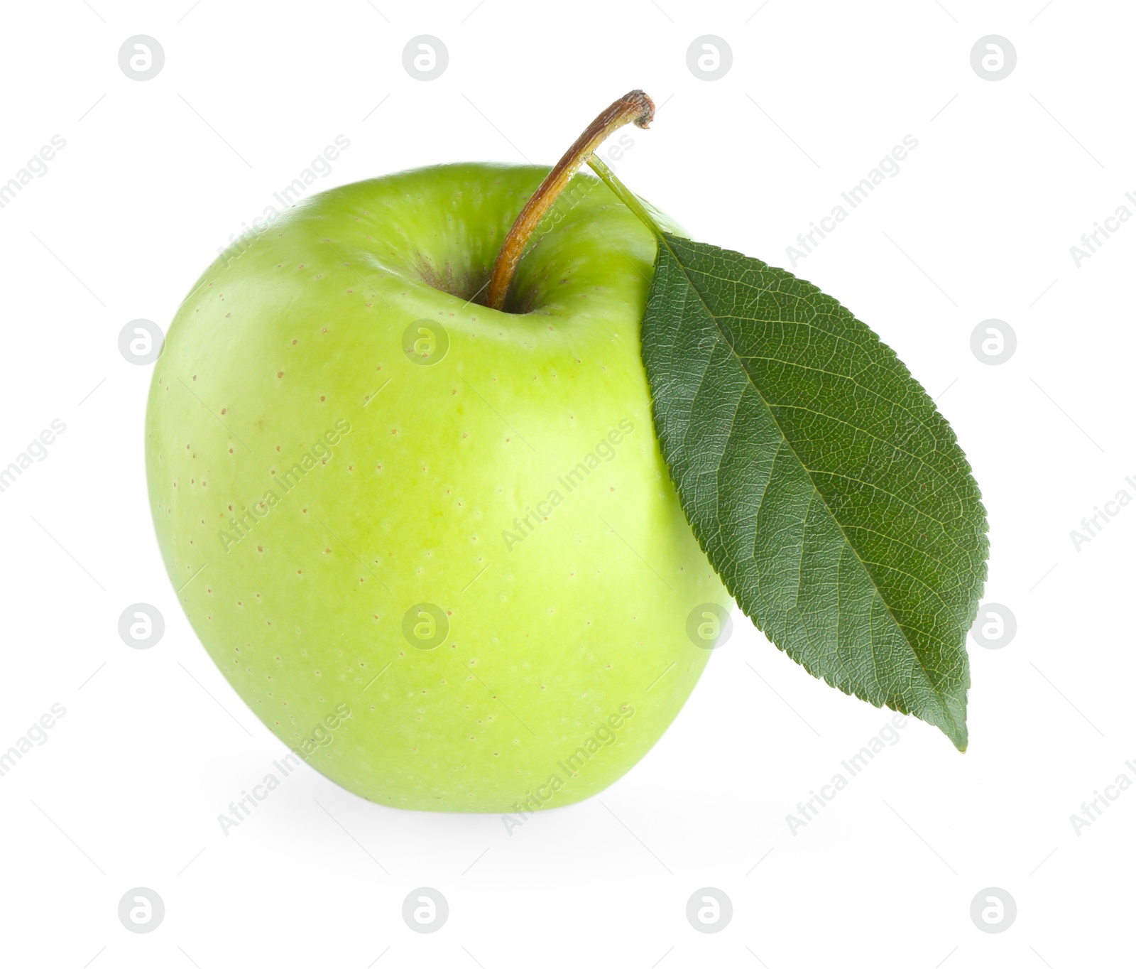 Photo of One fresh apple with green leaf isolated on white