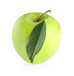 Photo of One fresh apple with green leaf isolated on white