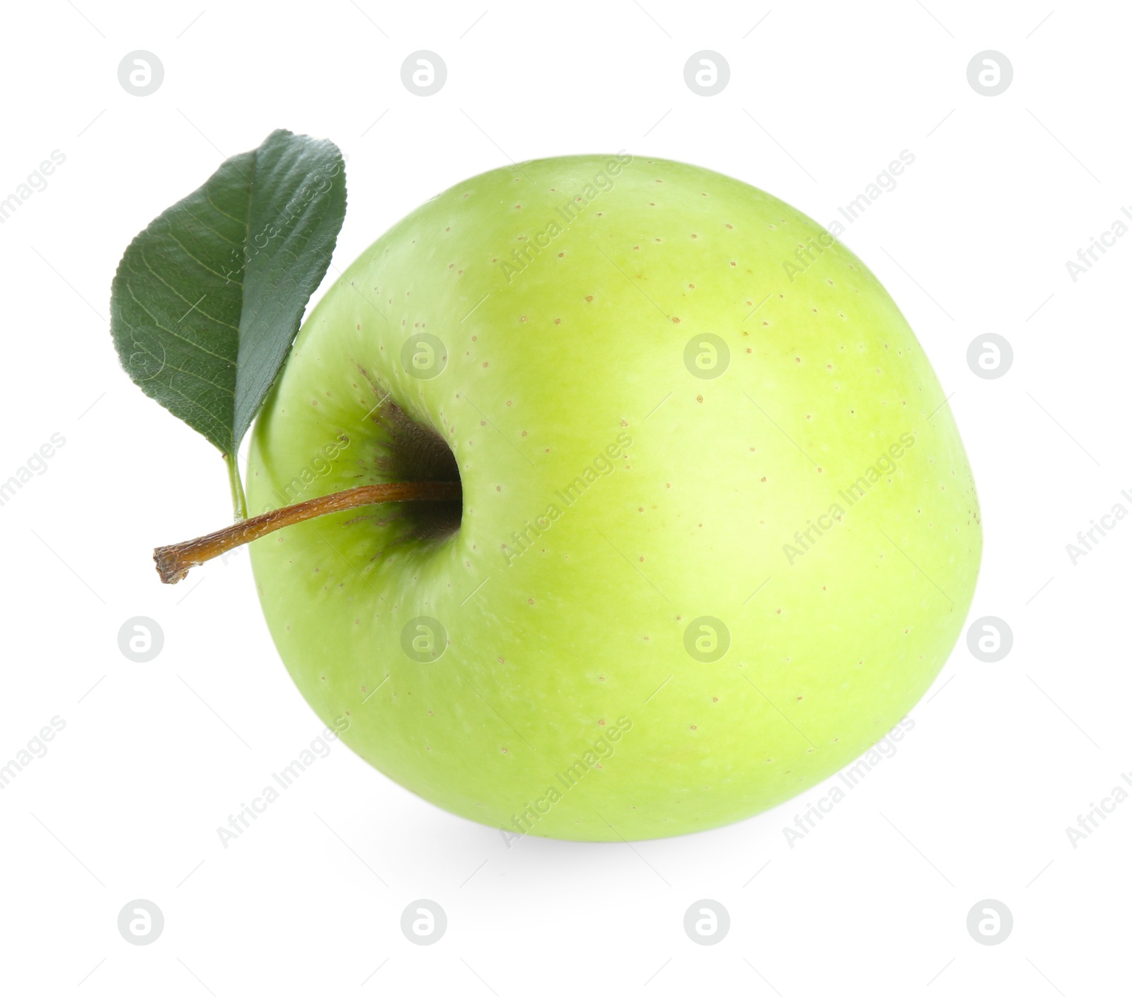 Photo of One fresh apple with green leaf isolated on white