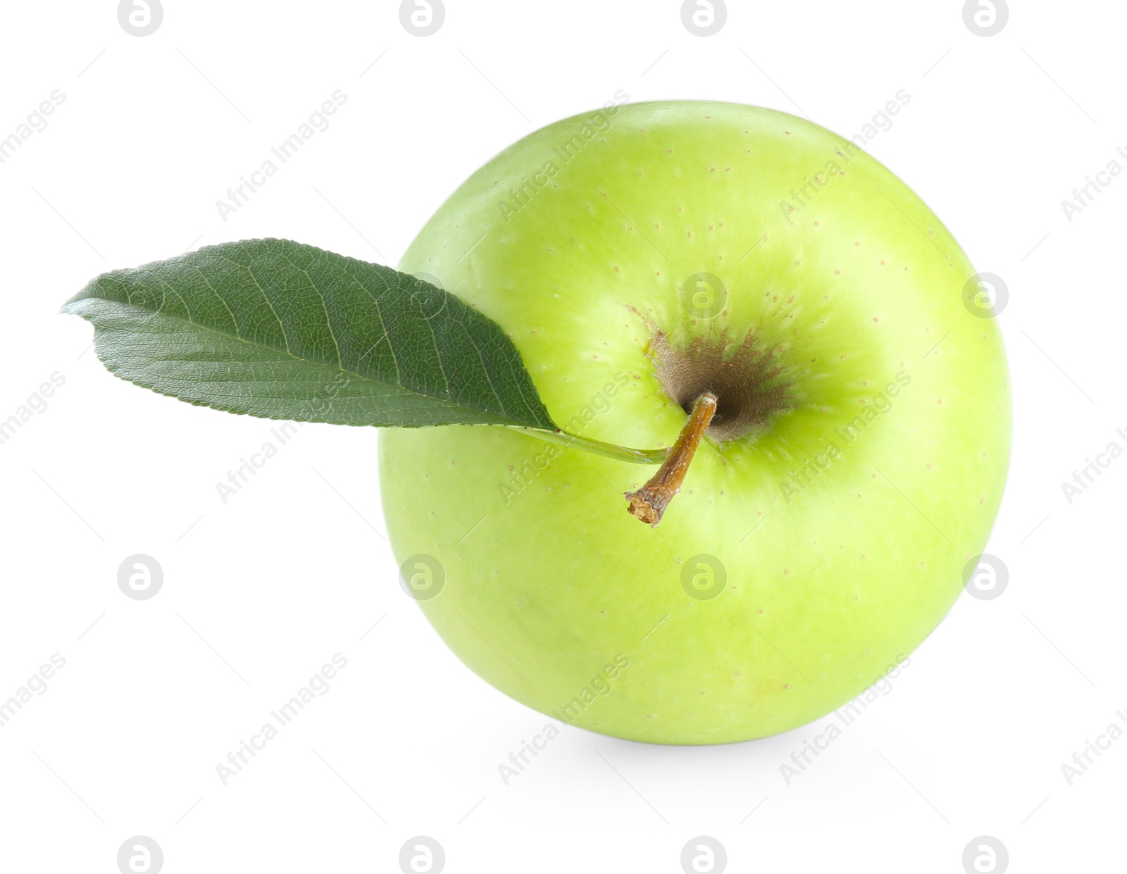 Photo of One fresh apple with green leaf isolated on white