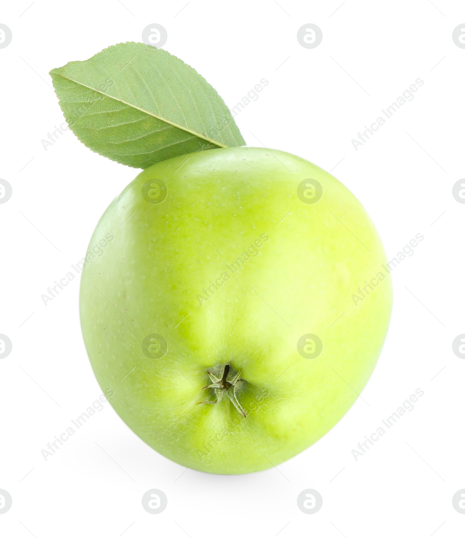 Photo of One fresh apple with green leaf isolated on white