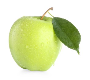 Photo of One fresh apple with green leaf and water drops isolated on white