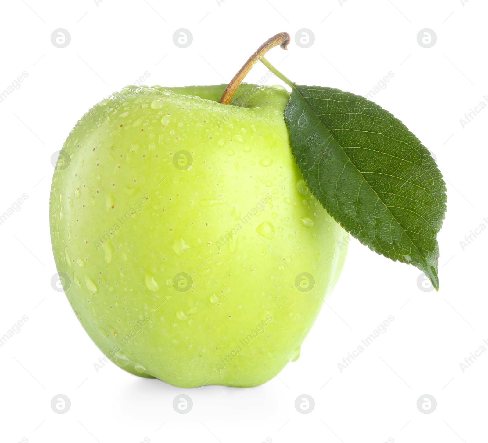 Photo of One fresh apple with green leaf and water drops isolated on white