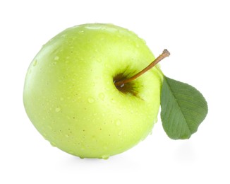 Photo of One fresh apple with green leaf and water drops isolated on white