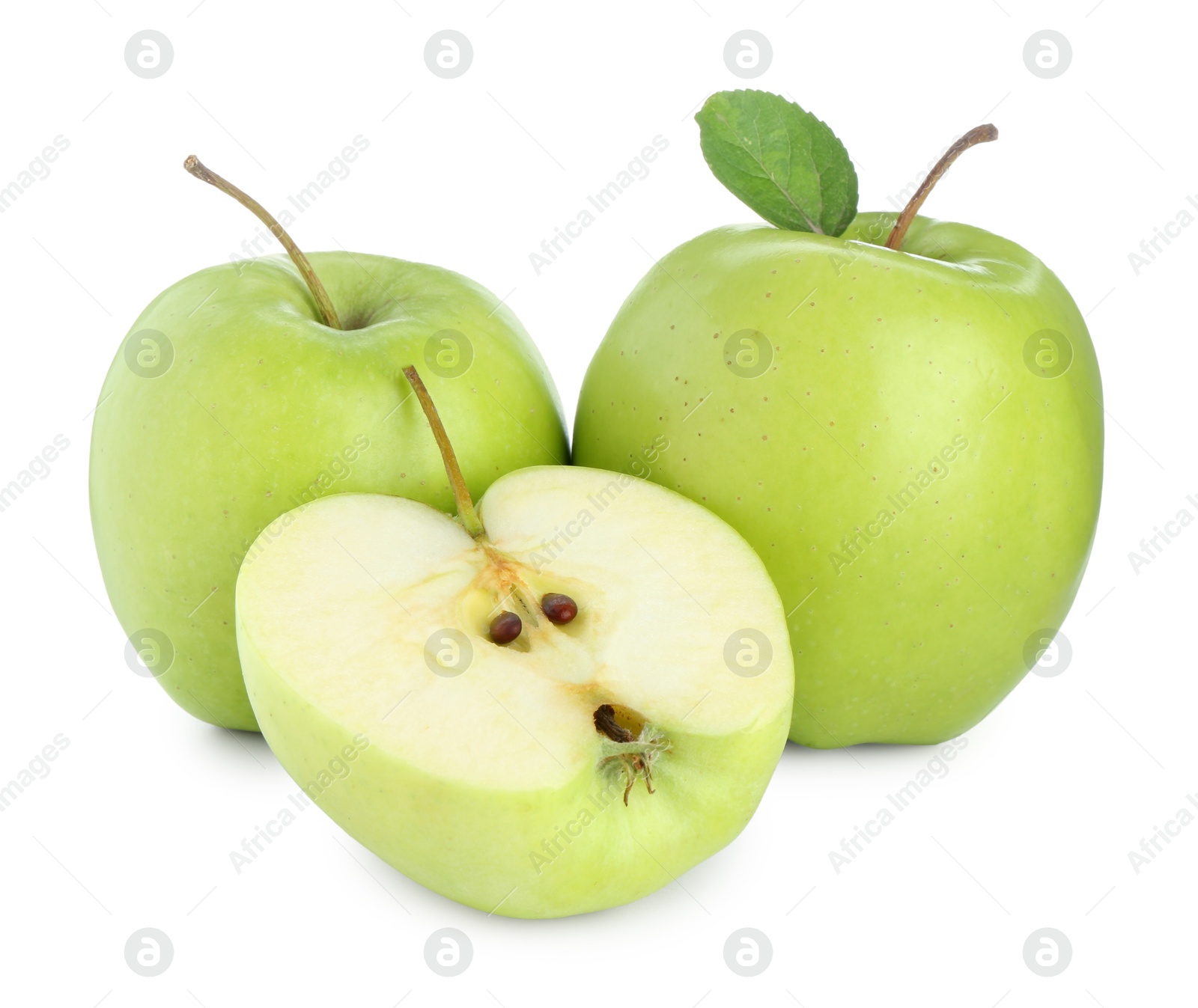 Photo of Whole and cut fresh green apples isolated on white