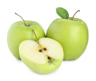 Photo of Whole and cut fresh green apples isolated on white